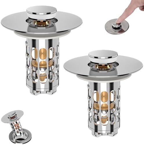 Bathroom Sink Stopper Drain Hair Catcher,3 in 1 Bathroom Sink Drain Strainer with Anti-Clogging Filter Basket,Sink Stopper Bathroom Drain for 1.06"~1.61" Drain Hole 2 PCS(Silver Chrome) by XIAQILAUS