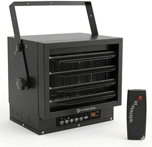 Comfort Zone Hard-Wired Ceiling Mount Garage Space Heater with Remote, 7,500 Watt, 240 Volt, Fan-Forced, Overheat Protection, Digital Thermostat, 12-Hour Timer, Ideal for Garage & Workshop, CZ230ERBK by MrBrands
