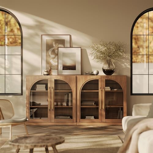 BELLEZE Set of 2 Modular Sideboard with Arched Glass Door, 65'' Accent Display Buffet Cabinet with Storage and Adjustable Shelves,Classic Modern Credenza for Living Room Kitchen Entryway (Camel) by BELLEZE