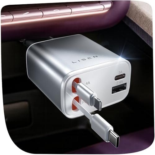 LISEN Retractable Car Charger for iPhone, for iPhone 17 Pro Max 16 15 14 13 12 Plus Mini, Cute 4 in 1 Retractable USB C Car Charger Fast Charge for Women Men, 84W Fast Charging Car Accessorie by Lisen