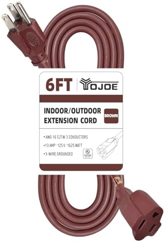 YOJOE Indoor Outdoor Extension Cord, 3 Prong 13A Weatherproof Power Cord, 16 Gauge Heavy Duty 6 ft Brown Extension Cord for Garage, Garden and Home, 16/3 SJTW UL Certified by YOJOE