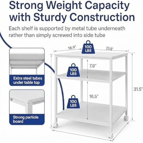 EMERIT 3-Tier Printer Stand for Laser/Inkjet/All-in-One - 23.6x18.9x31.5 Heavy Duty Cart w/Adjustable Shelves & Lockable Wheels, Storage for Scanner/Fax/Supplies - Industrial Home & Office - Image 2