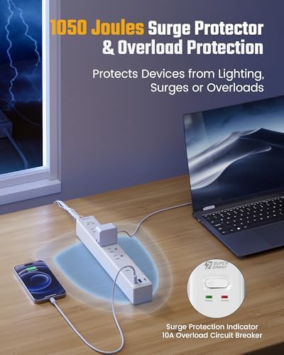2 Pack 6Ft Extension Cord, SUPERDANNY Flat Plug Surge Protector Power Strip - Image 6