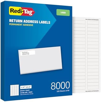 Redi-Tag 0.5" x 1.75" Address Labels, 8000 per Pack, White, Laser Printer Labels, 1/2" x1-3/4, Self-Adhesive, Permanent Stick, Smudge-Resistant, Perfect for Mailing, Office, and Home Use by Redi-Tag