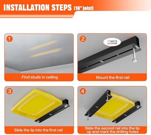 TORACK Garage 16" Studs Ceiling Bin Storage Rack, Overhead Tote Storage Rails Heavy Duty Adjustable Tote Slide Rails for 5 Bins(Bins are not included) - Image 7