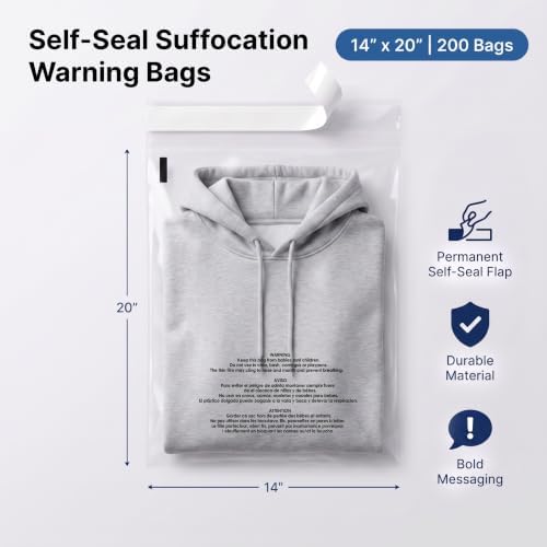 14” X 20” (200 Count) Self Seal Clear Poly Bags with Suffocation Warning - Image 2