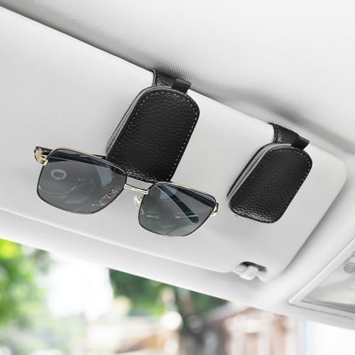 SINGARO Sunglasses Holder for Car, Leather Magnetic Buckle Sun Visor Sunglass Clip, Ticket Card Storage Glasses Clip, Car Interior Accessories for Men and Women（Black-Gray） - Image 2