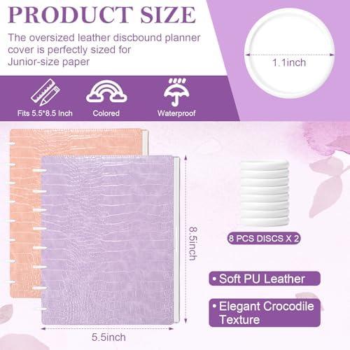 2 Pack PU Leather 5.5x8.5in Discbound Notebook Cover And Disc Set Discbound Planner Cover With 16 Pcs Expansion Discs Junior Size Disc Bound Notebook Accessories(Pink&Purple，No Inner Paper) - Image 2