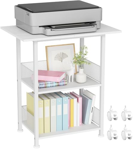 BOHDK Printer Stand, 3-Tier Industrial Large Printer Table with Shelf, 23"x15" Mobile Heavy Duty Storage Rack on Wheels for Home Office Printer Fax Machine Scanner Copier, White by BOHDK