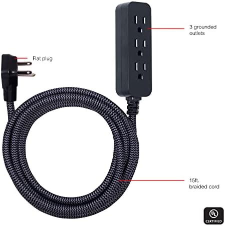 GE 3-Outlet Power Strip15 Ft Braided Long Cord - Image 2