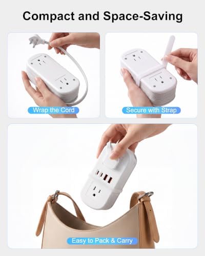 8 in 1 Travel Power Strip 4 Outlets with 4.9FT Extension Cord, Flat Plug Power Strip with 2 USB-A & 2 USB-C Ports for multiple devices for Travel/Dorm/Office, Travel Essentials Charging Station - Image 2