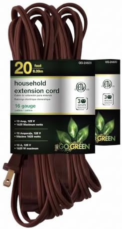 GoGreen Power (GG-24820) 16/2 20’ Household Extension Cord, 3 Outlets, Brown (Pack of 2) by PowerByGoGreen