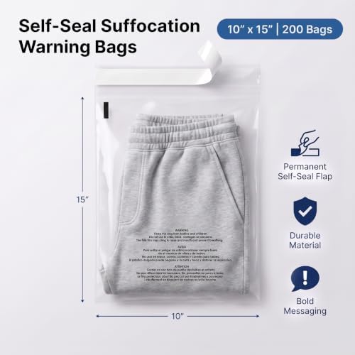 10” X 15” (200 Count) Self Seal Clear Poly Bags with Suffocation Warning - Image 2