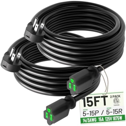 POWGRN 15FT 2 Pack 14/3 Black Flat Plug Extension Cord, Low Profile Indoor by POWGRN