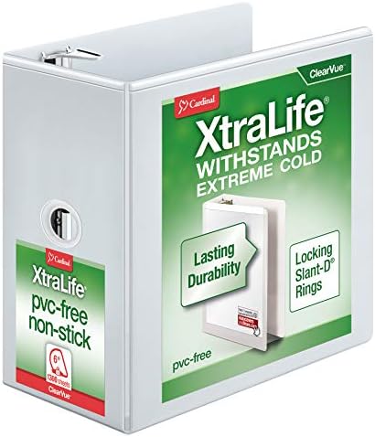 Cardinal 3 Ring Binder, 6 Inch Heavy Duty XtraLife Binder, Locking Slant-D Rings, Crack-Resistant Cover & Spine, ClearVue Covers with Shelf Pull, Holds 1,300 Sheets, White (26366) by Office+Depot%C2%AE+