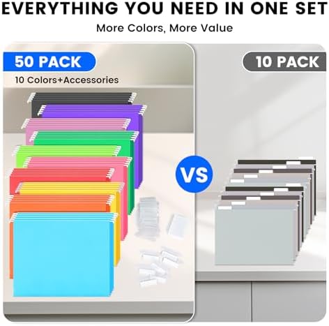 50-Pack Assorted Hanging File Folders, Letter Size with 55 Transparent Label Cards, 60 Sticker Labels,1/5-Cut Tabs–Home Office & Filing Cabinets - Image 6