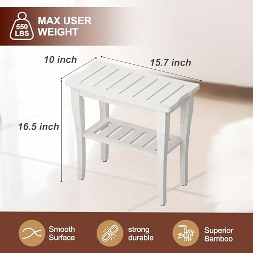 Bamboo Shower Bench Stool with Storage Shelf, Waterproof Shower Chair Spa Bath Seat, Shower Stool for Inside, Bathroom Bench Seat for Adults Elderly Seniors for Indoor or Outdoor Use(White) - Image 6