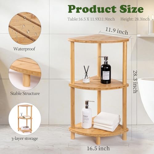 Corner Shower Caddy Stand, Bamboo Shower Organizer Standing with Anti-Slip Feet, Bathroom Corner Shelf,Waterproof & Durable, Space-Saving Design Storage for Kitchen or Living Room - Image 2