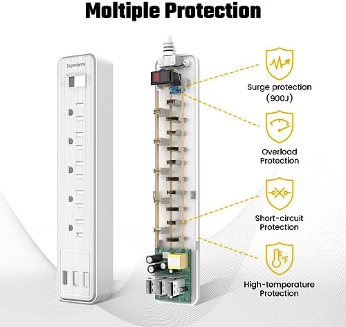 Power Strip, SUPERDANNY Surge Protector, 5 Outlets, 3 USB Ports, 4.5 Ft Extension Cord, 900 Joules, Mountable, Overload Switch, Protected Indicator Light, Multiple Protections for Home Office, White - Image 4