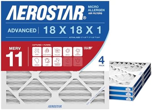 Aerostar 18x18x1 MERV 11 Air Filter, 4 Count, ACTUAL SIZE (17.50 x 17.50 x 0.75), HVAC, Air Conditioning & Furnace Filter for Dust, Pet Dander, Smoke & Allergies (MPR 1200 / FPR 7), Made in USA by AirFiltersDelivered