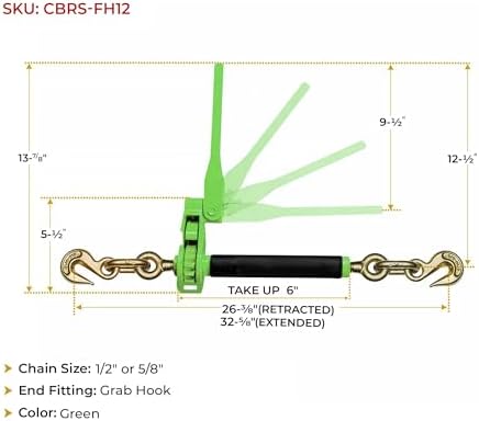 1/2" - 5/8" Hi-Viz Green Heavy Duty Folding Handle Ratchet Load Binder w/Grab Hook 18,100 lbs WLL | Tie Down Hauling Chain Binders for Flatbed Truck Trailer - Image 6