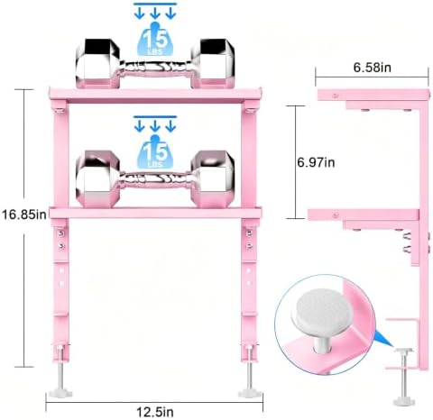 Spacrea Clamp on Desk Shelf, 2 Tier Office Desk Shelves Organizer, Wood Desktop Supplies Storage Rack, Desk Organizers and Accessories (Pink) - Image 3