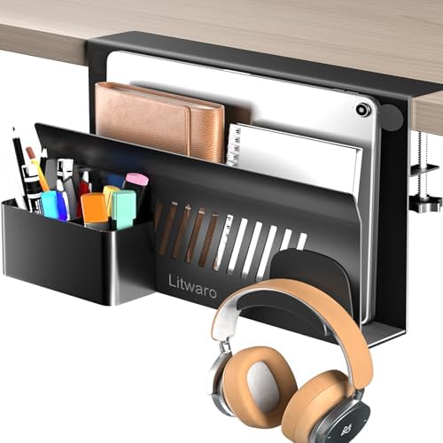 Litwaro Desk Side Storage Organizer, No Drill Laptop Holder Clamp on Desk Shelf with Magnetic Pen Holder, Hanging Organizer Fits Flat Edge Desks 0.4" to 2.1" (Black) by Litwaro