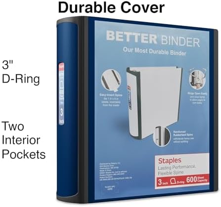 Staples Better Binder, 3 Inch D-Ring, Blue, Reinforced Rubber Spine - Image 2