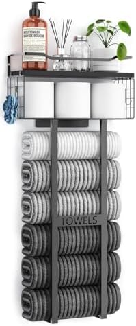 Aetyord Towel Racks for Bathroom 31inch Wall Mounted Towel Rack,Floating Shelf with Wood Plank,Towel Storage for Bathroom can Holds 6 Large Rolled Towels,All Black by Aetyord