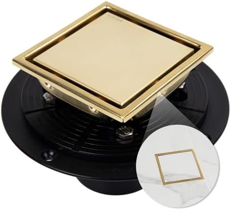 Square Shower Drain with Flange, 4 Inch, Brushed Gold, 2-in-1 Grate by HeaOrld