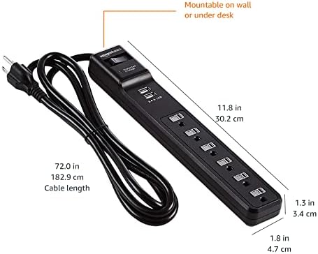 Amazon Basics Surge Protector Power Strip with 6 Outlets, 2 USB Ports, 1000 Joule, 6-Foot Cord Length, Black - Image 6