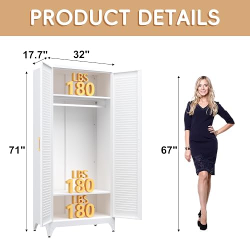 Steeloong 71"Armoire Wardrobe Close,White Wardrobe Cabinet with Hanging Rod - Image 3