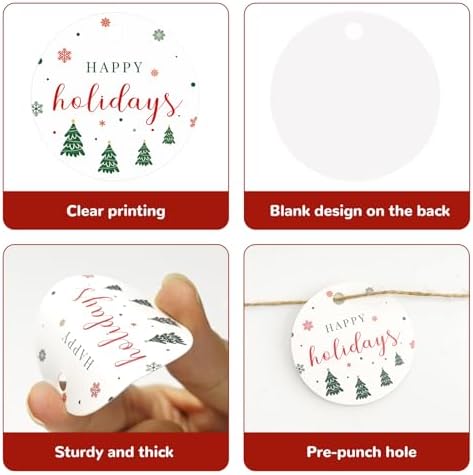 G2PLUS Happy Holiday Tags, 100PCS Christmas Holiday Tags, 2'' Round Holiday Gift Tags, Christmas Tree Paper Gift Tags with String for Xmas Gift Wrapping, DIY Arts & Crafts, Holiday Season Party Favors - Image 3