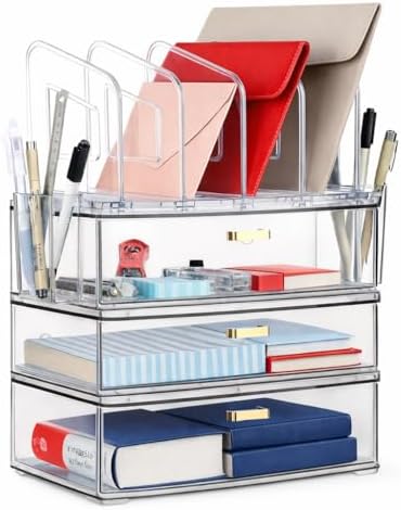 LALOBLUE Acrylic Desk Organizer with 4-Vertical File Holder Rack, 3-Clear Drawer and 2 Pen Holders, Desktop Storage for Office Desk Accessories School Classroom Organization (Clear) by Laloblue