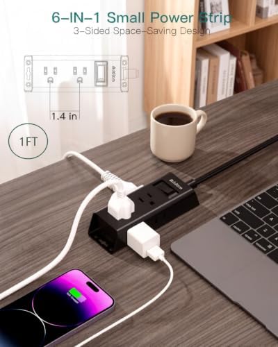 Addtam Flat Plug Power Strip with 6 Outlet Extender, 1 FT Extension Cord Flat Wall Plug with Multiple Outlets, No Surge Protector for Cruise Ship, Travel, Dorm, Home Office, Cruise Essentials, Black - Image 3