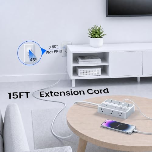 12-Outlet Power Strip with 2400J Surge Protector, 6 USB(3 USB C) &15FT Cord - Image 5