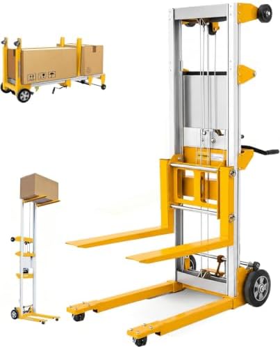 Material Lift Winch Stacker, 400 lbs Capacity, 122" Max Raised Height, Fixed Straddle Hand Winch Lift Trucks for Warehouse, Factory, Library, 34.60"L x 24.80"W,Yellow by EPOFIT