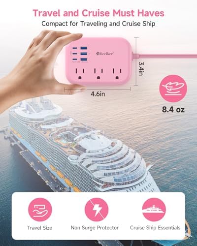 Beeiker 6 USB (3 USB C) Pink Power Strip, 5Ft Extension Cord, 3 Outlets - Image 4