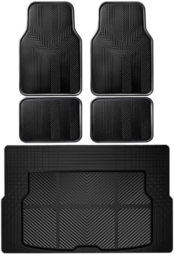 CAR PASS Universal Car Floor Mats & Cargo Liner Full Set, Waterproof Anti-Slip Rubber Trim to Fit Trunk Mats All Weather Protection Fit Car SUV Sedan Coupe Vehicle Automotive 5 Pieces, S-M Size Black by CARPASS