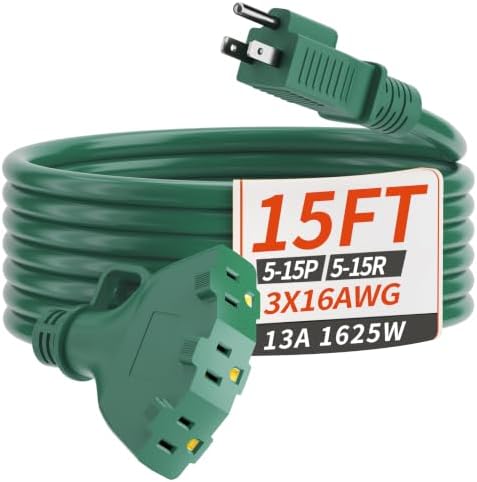 PlugSaf 15 FT 16/3 Outdoor Extension Cord with Multiple Outlets Green by PlugSaf