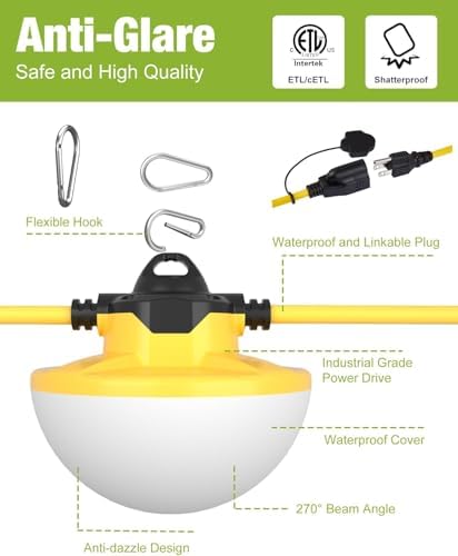 YXL 100FT 3Prong Construction String Lights 16000LM 130W Industrial LED String Lights, IP65 Waterproof 18AWG Wire 5000K Super Bright for Construction Sites Temporary Work Jobsites Outdoor Lighting - Image 4