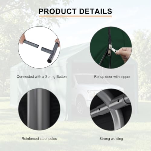 Carport 10x20 Ft Heavy Duty Canopy Steel Canopy Storage Shed,Portable Party Tent,Portable Garage with Removable Sidewalls & Doors All-Season Tarp for Carport Green - Image 6