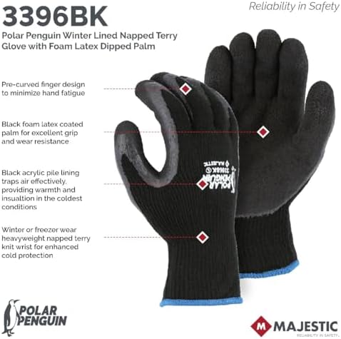 Majestic Polar Penguin Winter Lined Napped Terry Glove with Foam Latex Dipped Palm | 1 Dozen - XL | ANSI A2, Heavyweight Glove, Black | for Automotive, Industrial, Manufacturing | 3396BK - Image 4