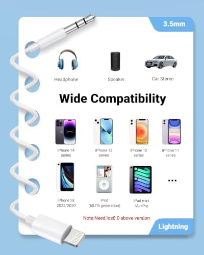 Aux Cord for iPhone,[Apple MFi Certified] Lightning to 3.5 mm AUX Cable for Car Stereo, Speaker, Headphone, Auxiliary Audio Cable Compatible with iPhone 14 13 12 11 XS XR 3.3FT Nylon Braided-White - Image 6