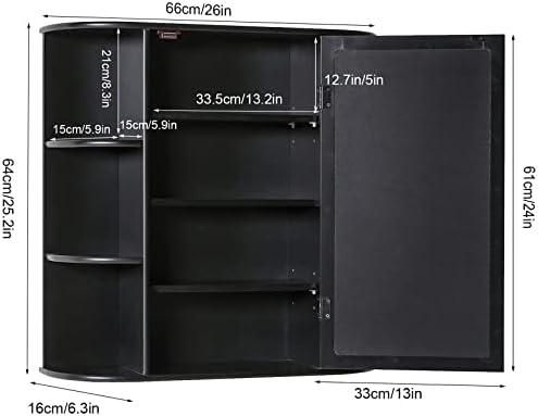 Iwell Bathroom Medicine Cabinet with Mirror, Wall Cabinet with 2 Adjustable Shelves & 6 Open Shelves, Bathroom Cabinet Wall Mounted, Over The Toilet Space Saver Storage Cabinet, Black - Image 3