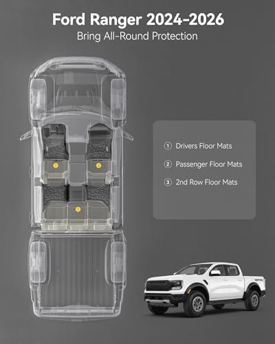 3W Floor Mats Fit for Ford Ranger SuperCrew 2024-2026 1st & 2nd Row - Image 2