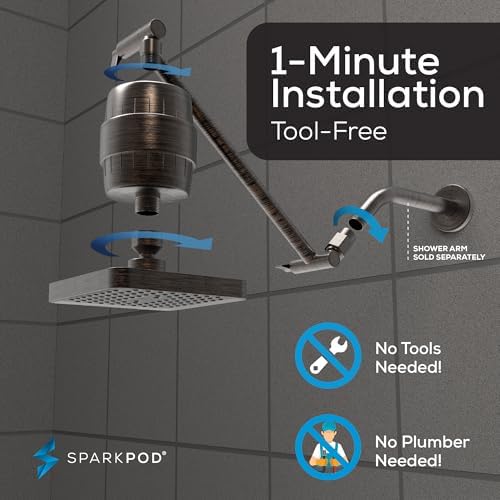 SparkPod 6" High Pressure Rain Shower Head with 23 Stage Filter Capsule & 11 Inch Adjustable Shower Arm Extension - Shower Filter Reduces Chlorine for Smoother Hair & Skin (Square, Oil-Rubbed Bronze) - Image 5