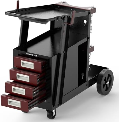 YESWELDER Welding Cart with 4 Red Drawers, Dual Cylinder Slots, 245 lb by YESWELDER