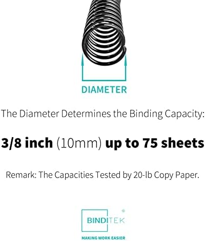 Binditek 50 Pack Plastic Spiral Binding Coils, 10mm(3/8"), 75 Sheet Capacity, 4:1 Pitch, Black, 48Loops, for Letter Size, for Students and Coworkers - Image 2