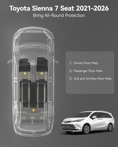 3W Floor Mats for 2021-2026 Toyota Sienna XLE/XSE/Limited 7 Seat - Image 3